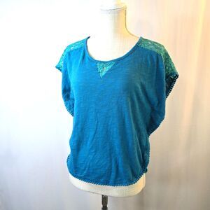 Ariat Women's Turquoise Lace and Knit Boho Top Size Small Embroidered Dot Edging